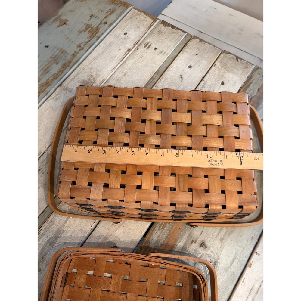 Vintage Set of (3) Rectangular Nesting Baskets Double Swing Handles Woven - Picture 10 of 16